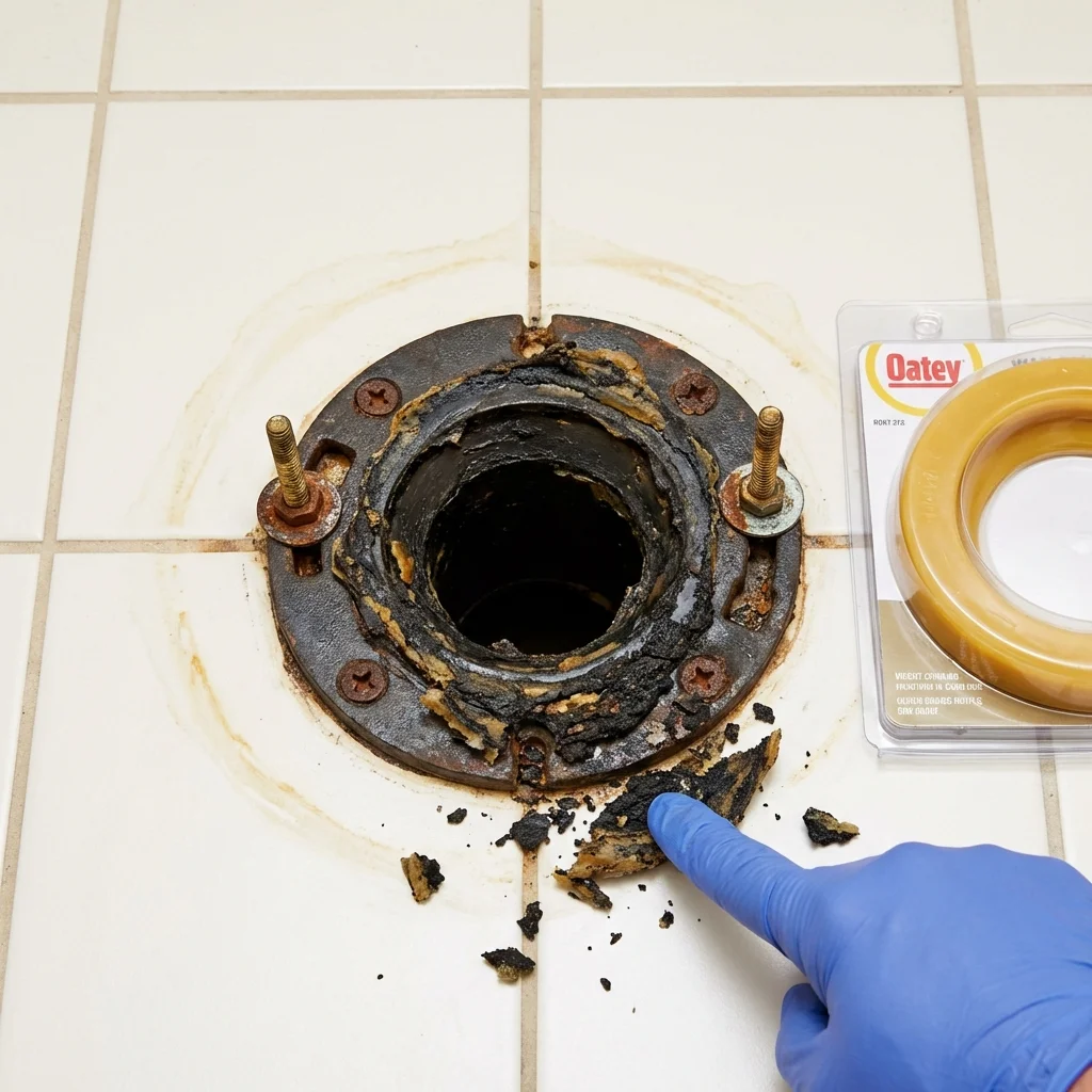 Failed wax ring showing water seepage at the base of a toilet in a Jacksonville, TX home