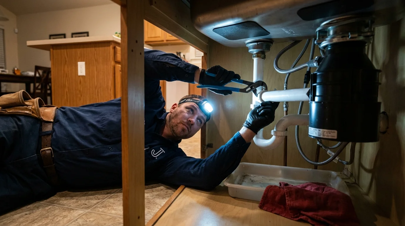 P-trap and supply line connections under a kitchen sink showing a common leak point in Jacksonville, TX